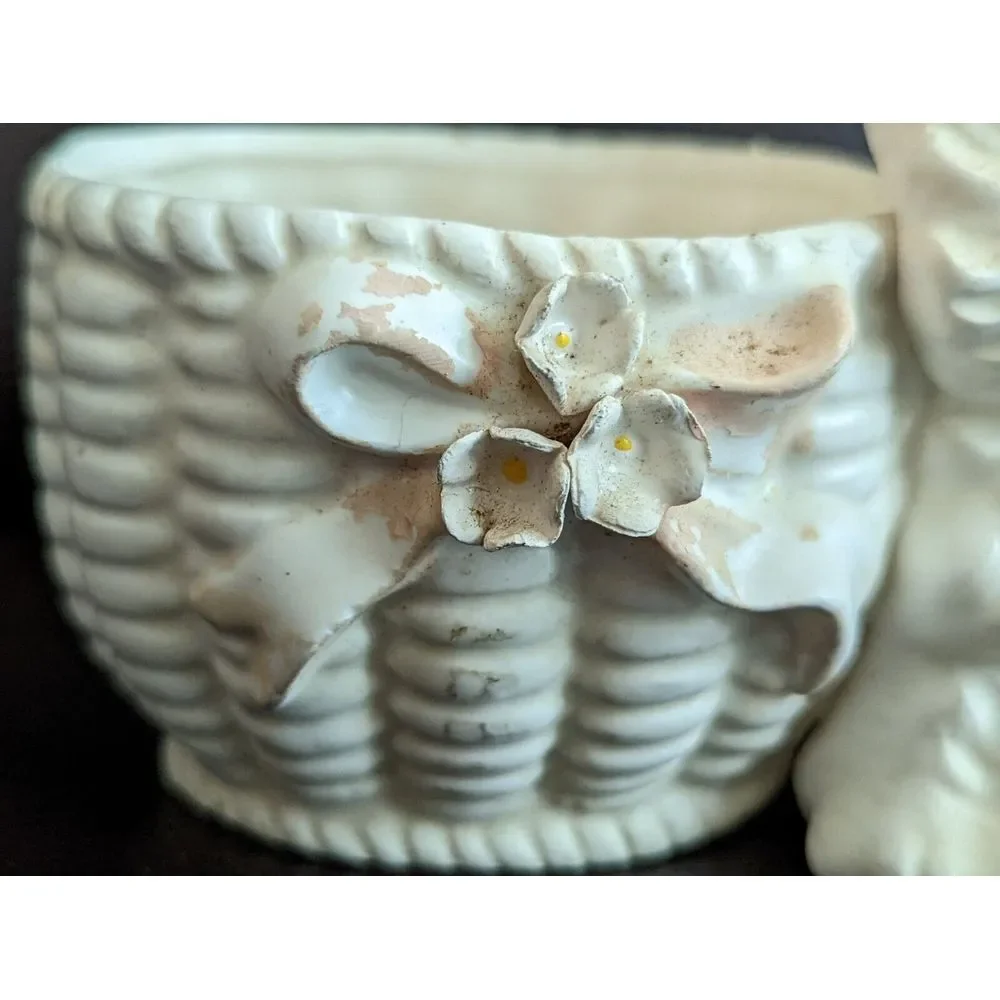 Vtg Lefton White Kitten Kitty Cat Planter Bow Blue Eyes Vase Anthropomorphic MCM